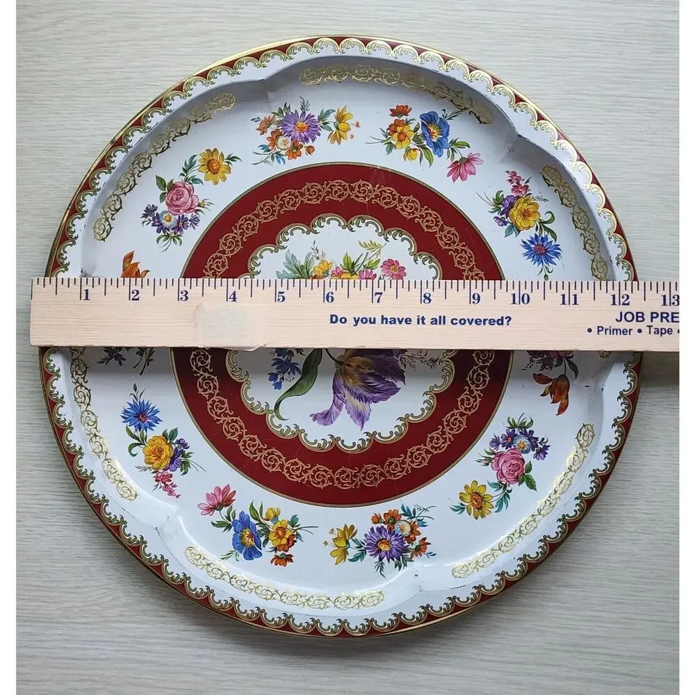 Vintage Daher Decorated Ware Floral Tin Tray 12” Round England Burgundy Gold